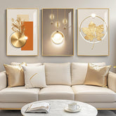 Framed Modern Luxury Gold Wall Art for Living Room, Set of 3 Piece Contemporary Paintings Artwork for Walls, Golden Prints Pictures with Gold Frame, Wall Decor for Home Office - Total 30" x 60"