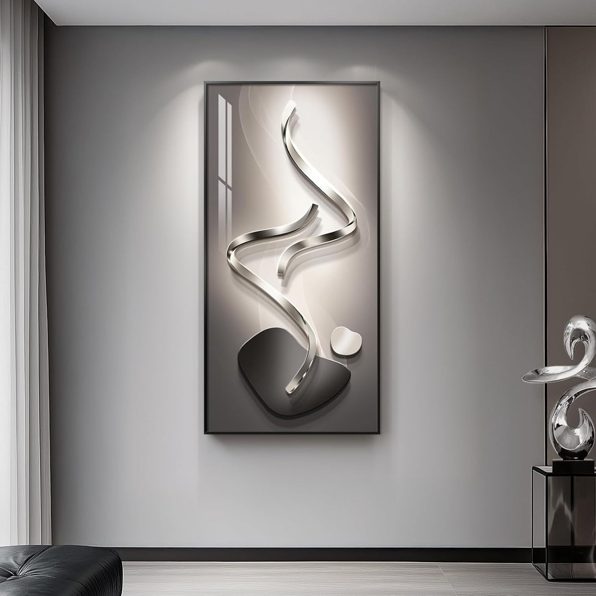 Large Framed Modern Abstract Vertical Wall Art for Living Room, Black Grey Prints Wall Paintings Artwork for Walls, Silver Gray Luxury Wall Pictures for Hallway Entryway Foyer Stair Office Wall Decor 30x60 Inch