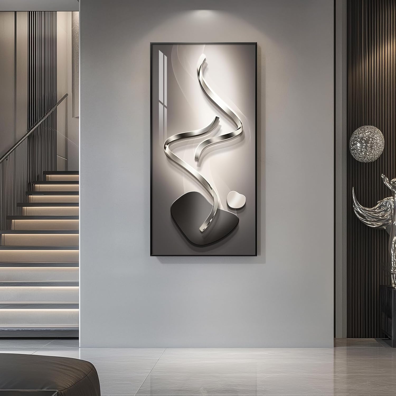 Large Framed Modern Abstract Vertical Wall Art for Living Room, Black Grey Prints Wall Paintings Artwork for Walls, Silver Gray Luxury Wall Pictures for Hallway Entryway Foyer Stair Office Wall Decor 30x60 Inch