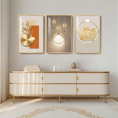 Framed Modern Luxury Gold Wall Art for Living Room, Set of 3 Piece Contemporary Paintings Artwork for Walls, Golden Prints Pictures with Gold Frame, Wall Decor for Home Office - Total 30" x 60"
