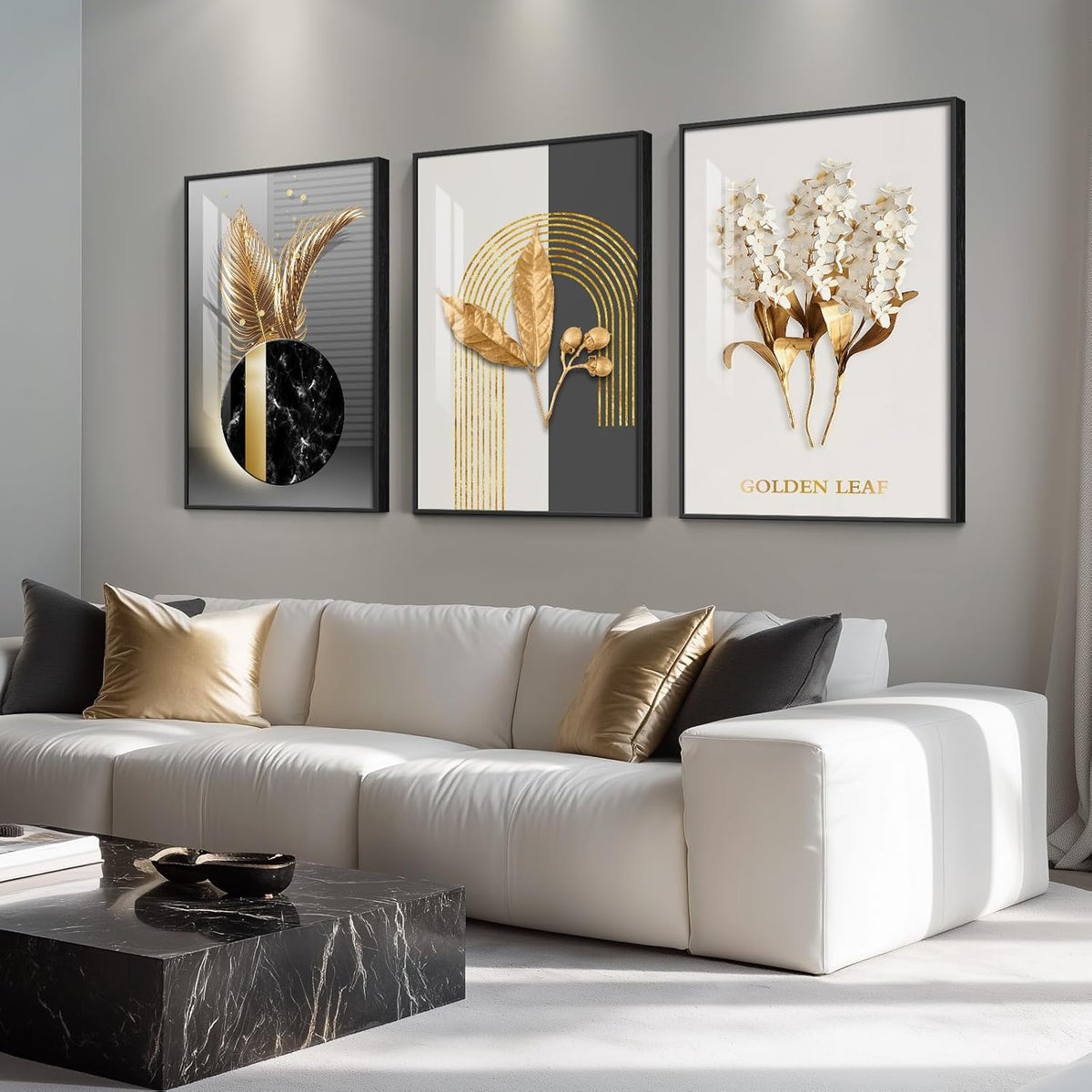 Framed Modern Luxury Large Wall Art for Living Room, Set of 3 Piece Black White Gold Contemporary Abstract Paintings Artwork for Walls, Big Prints Pictures for Office Wall Decor -Total 30" x 60"