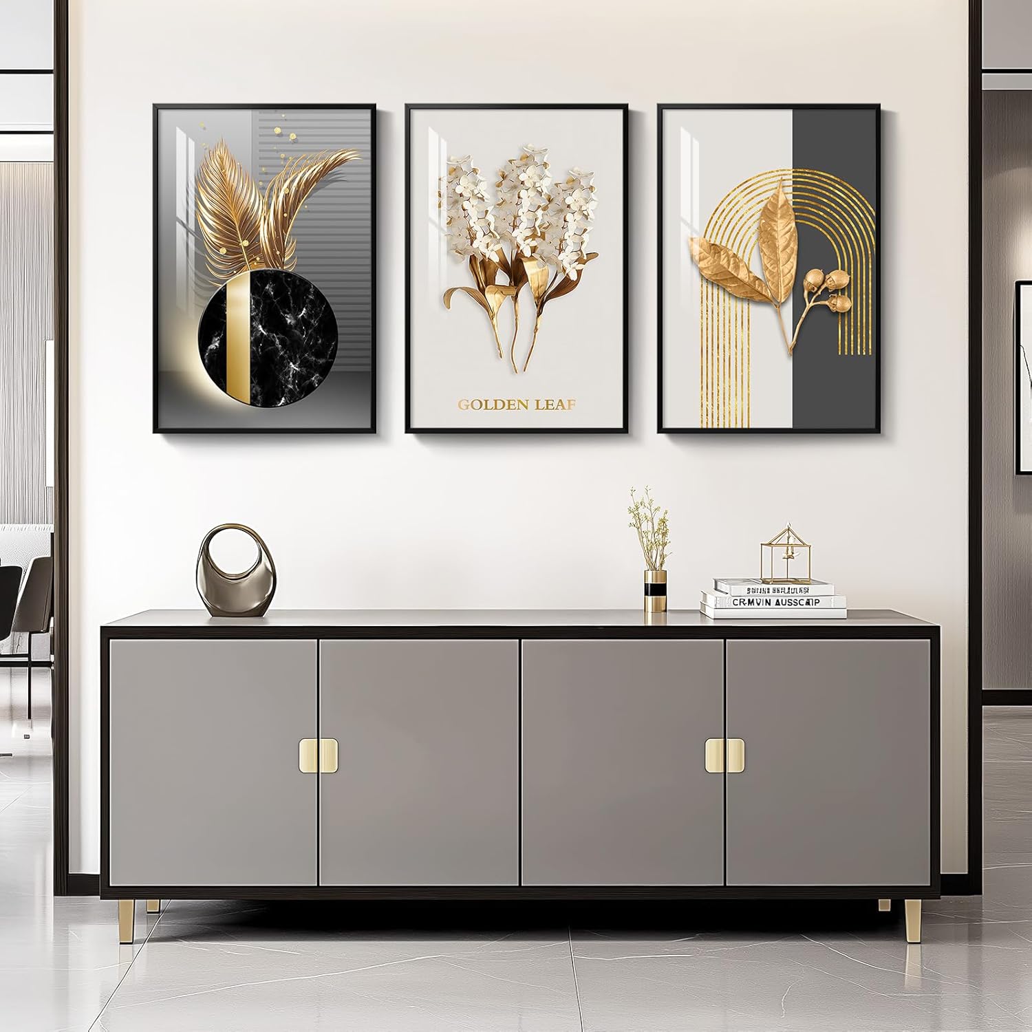 Framed Modern Luxury Large Wall Art for Living Room, Set of 3 Piece Black White Gold Contemporary Abstract Paintings Artwork for Walls, Big Prints Pictures for Office Wall Decor -Total 30" x 60"