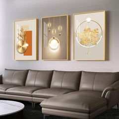 Framed Modern Luxury Gold Wall Art for Living Room, Set of 3 Piece Contemporary Paintings Artwork for Walls, Golden Prints Pictures with Gold Frame, Wall Decor for Home Office - Total 30" x 60"