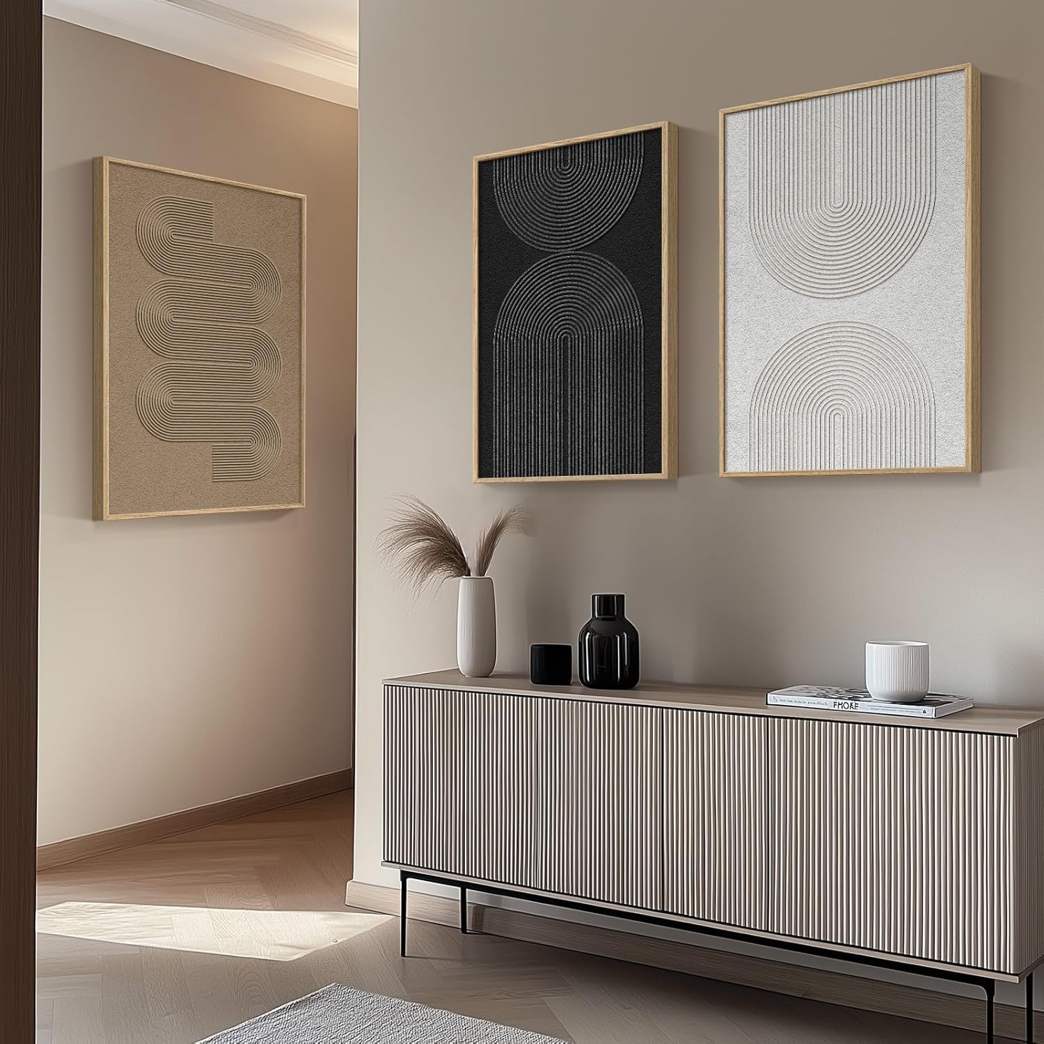 Large Framed Black and White Neutral Abstract Wall Art, 3 Piece Minimalist Canvas Prints Paintings Artwork for Walls, Boho Geometric Pictures for Living Room Hallway Office Wall Decor Total 30x60 In