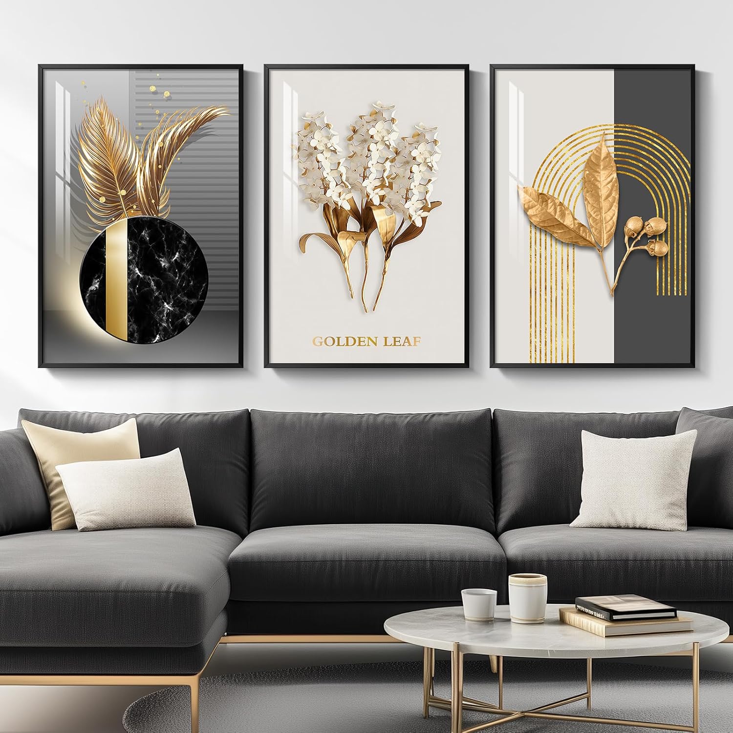 Framed Modern Luxury Large Wall Art for Living Room, Set of 3 Piece Black White Gold Contemporary Abstract Paintings Artwork for Walls, Big Prints Pictures for Office Wall Decor -Total 30" x 60"