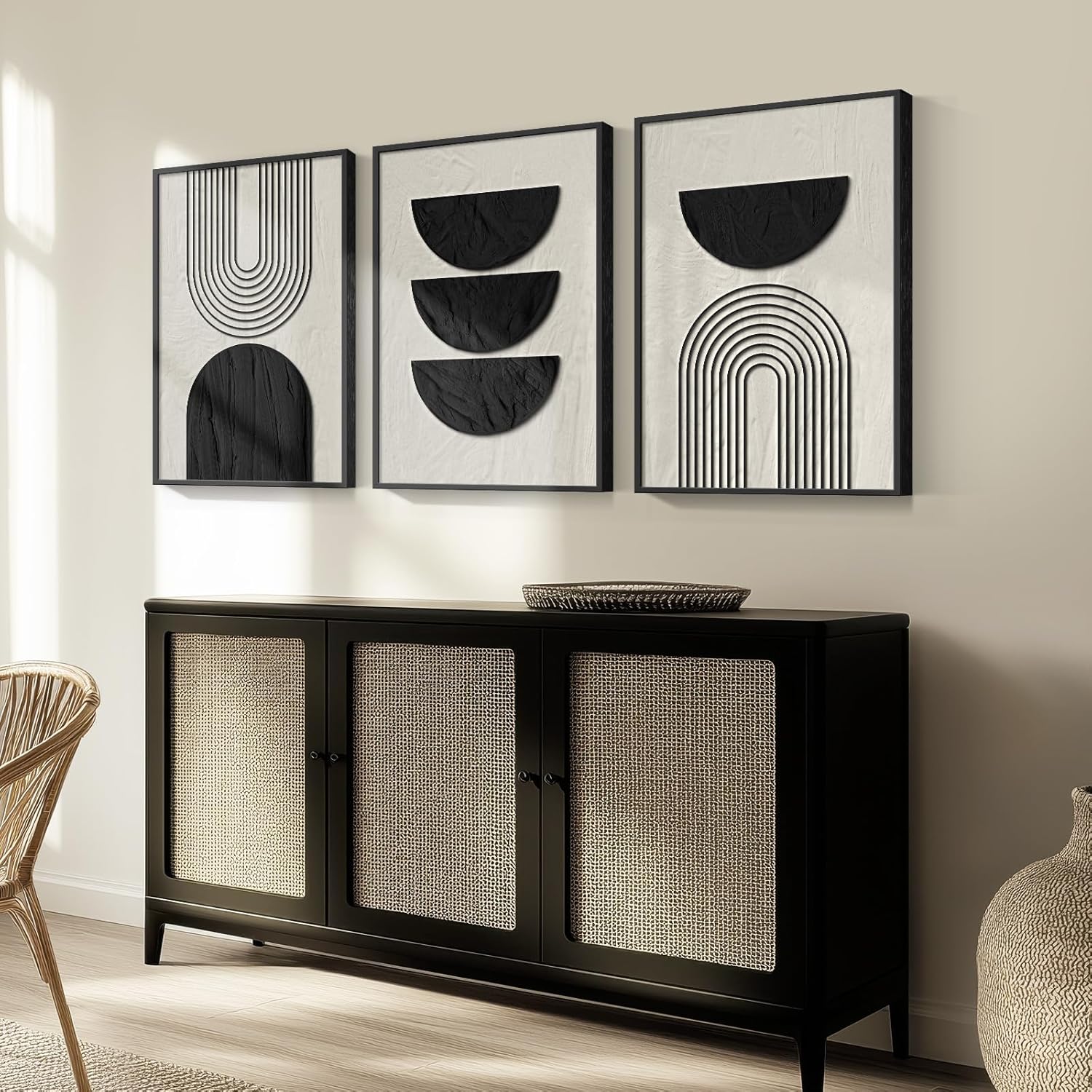 VAN GOGH ART Framed Boho Wall Art, 3 Piece Neutral Geometric Black and Beige Abstract Pictures, Total Size 30x60 Inch, Living Room, Bedroom, Home Office, Hallway