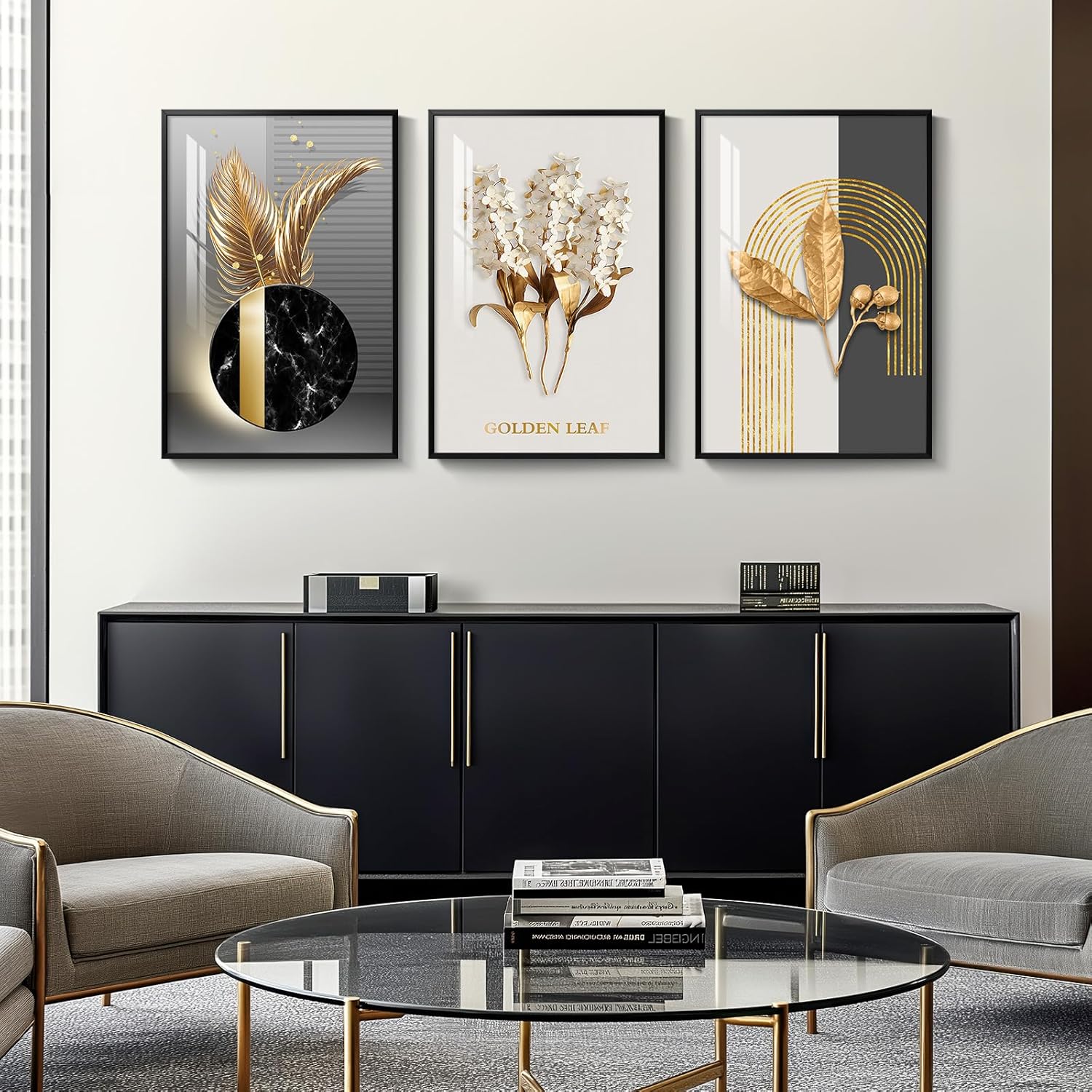 Framed Modern Luxury Large Wall Art for Living Room, Set of 3 Piece Black White Gold Contemporary Abstract Paintings Artwork for Walls, Big Prints Pictures for Office Wall Decor -Total 30" x 60"